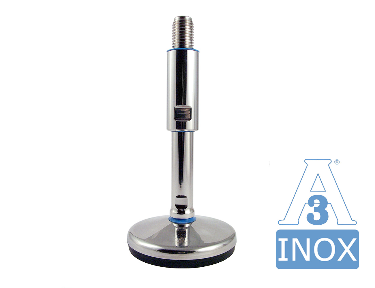 Pied réglable rond solide Inox Ø60mm - M12x140mm - l'hygiène 3-A - semelle NBR vulcanisé