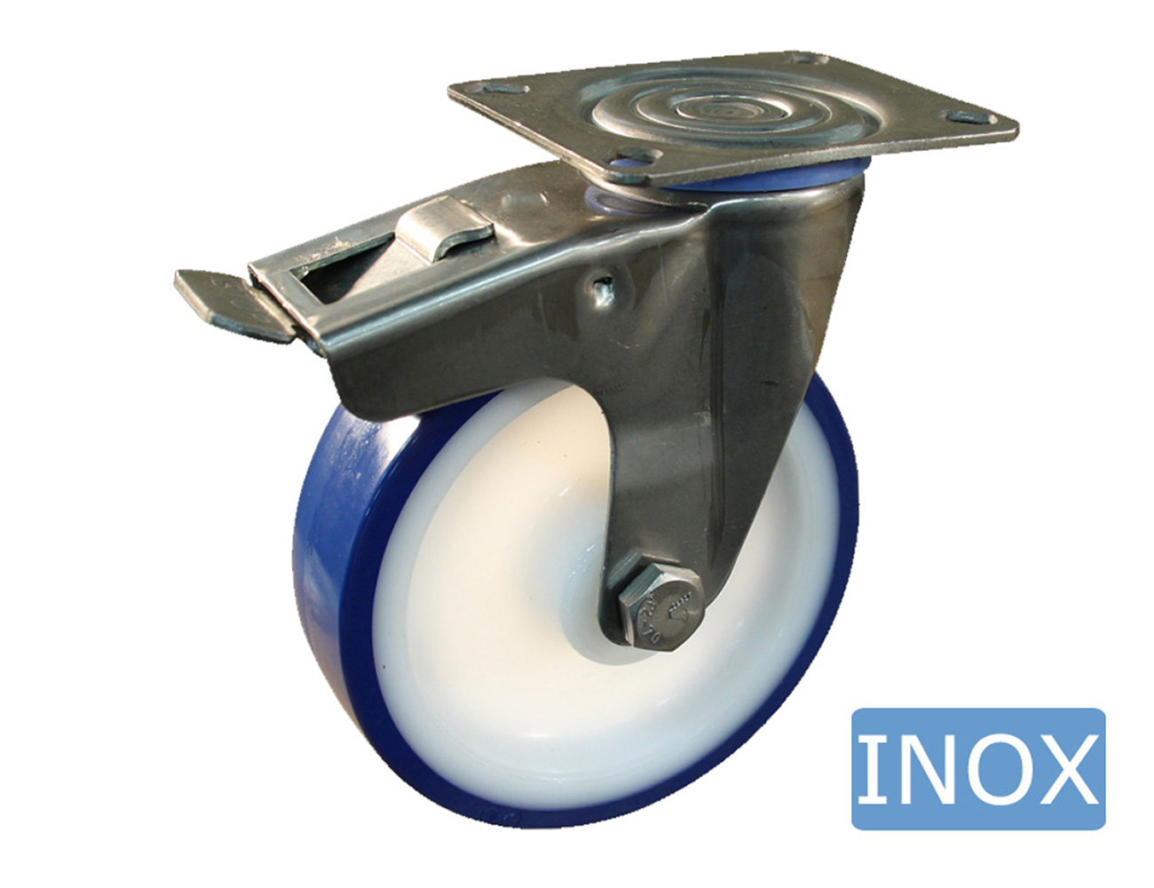 Roue pivotante inox hygiénique à frein - platine - bandage TPU