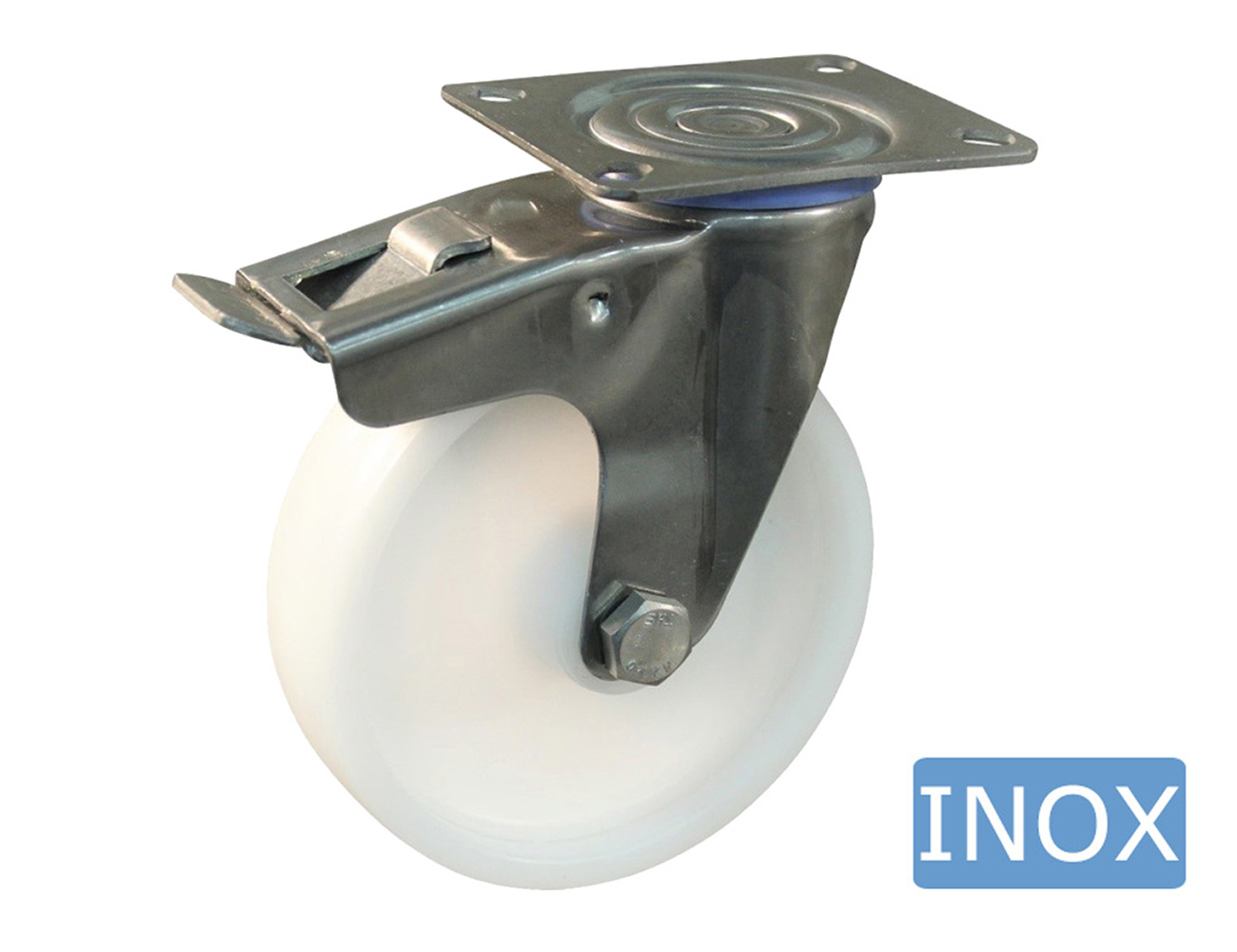 Roue pivotante à frein à platine inox avec roue en polyamide