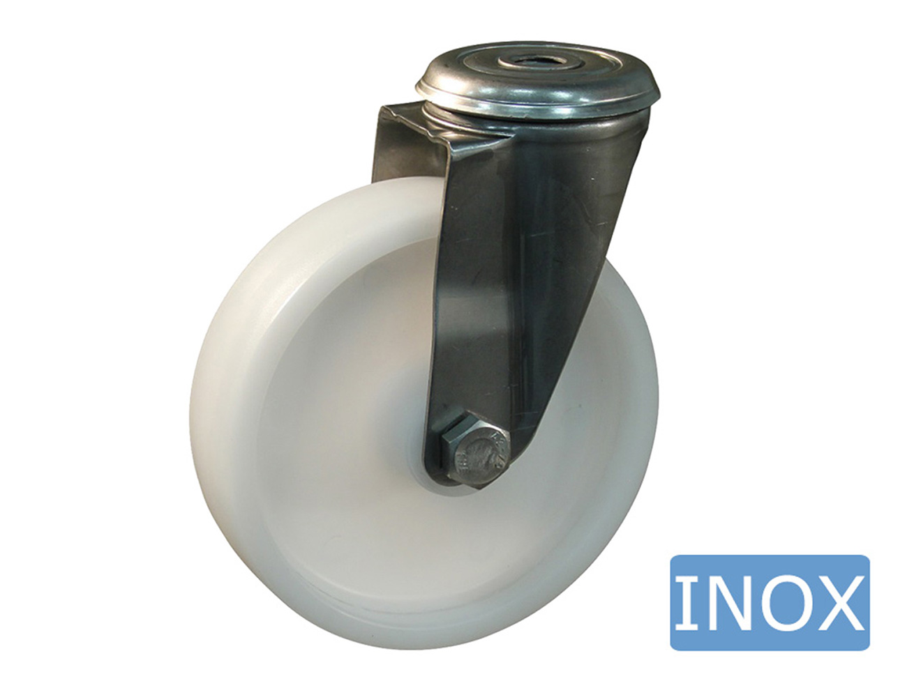 Roue pivotante à trou central inox avec roue en polyamide
