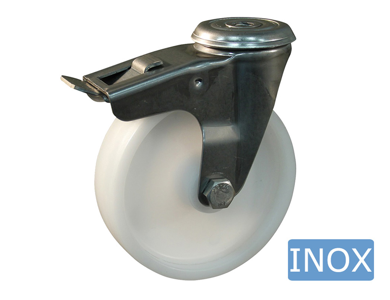 Roue pivotante à frein à trou central inox avec roue en polyamide