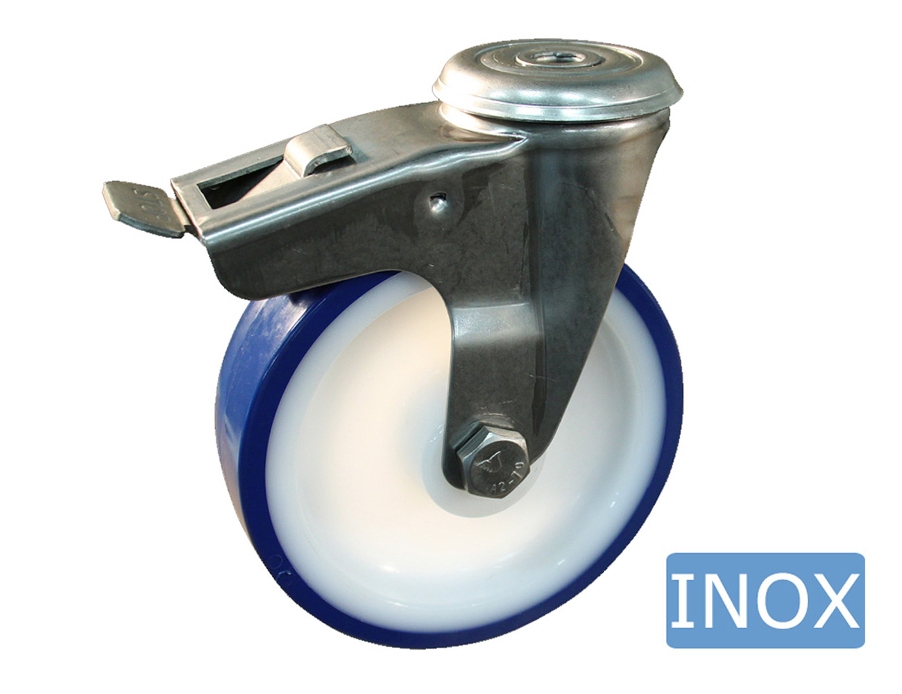 Roue pivotante hygiénique inox à frein - trou boulon - bandage TPU